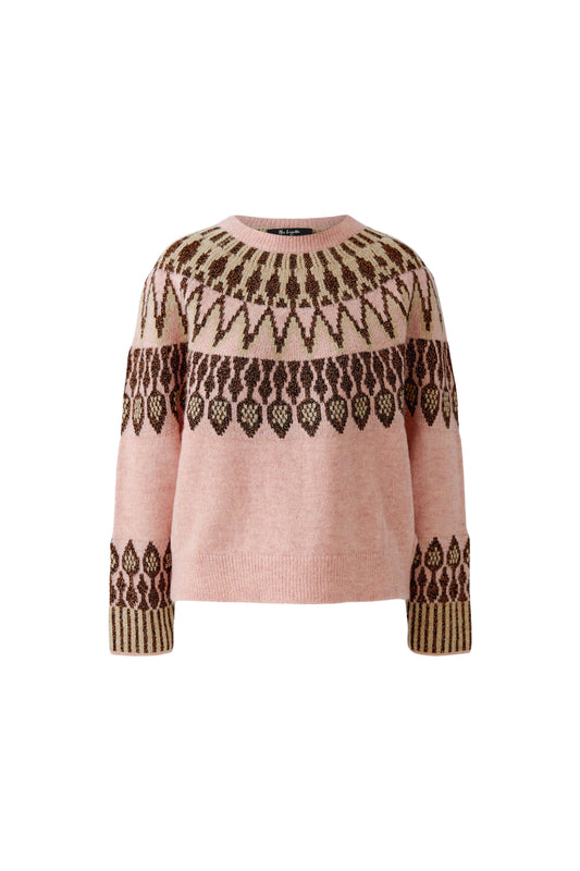 A pink knit sweater with a brown and beige geometric Fair Isle pattern across the yoke and cuffs, shown on a plain white background.