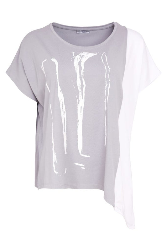 Light gray t-shirt with a glossy design on a white background