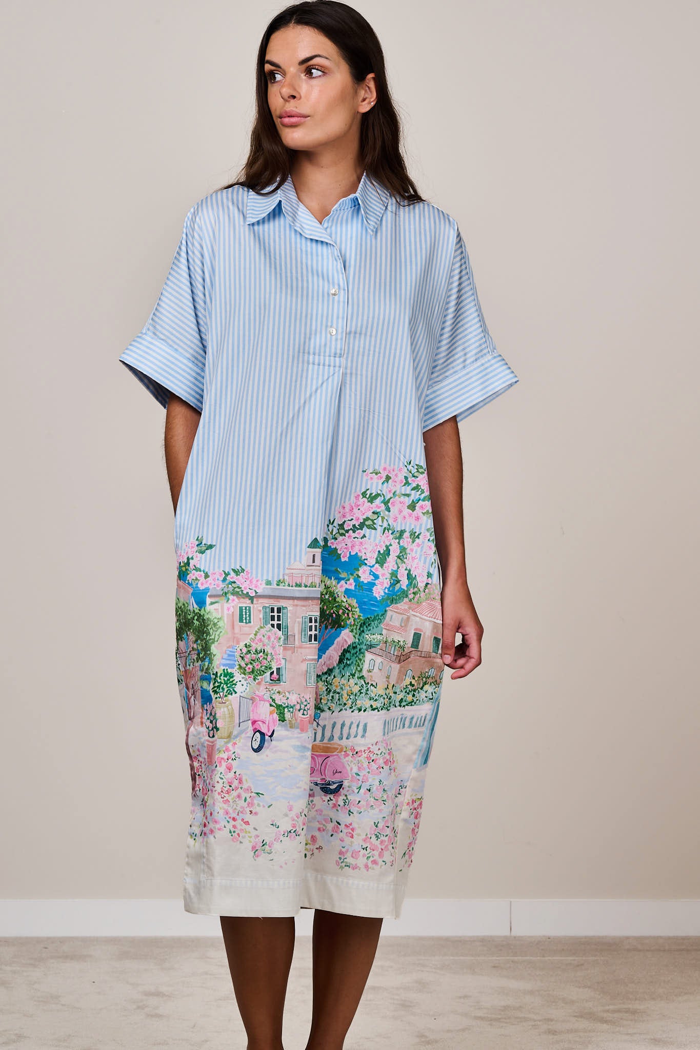 Blue and white striped midi shirt dress with scenic floral Mediterranean print, short sleeves, relaxed fit, and button-front detail, worn by a female model against a neutral background.