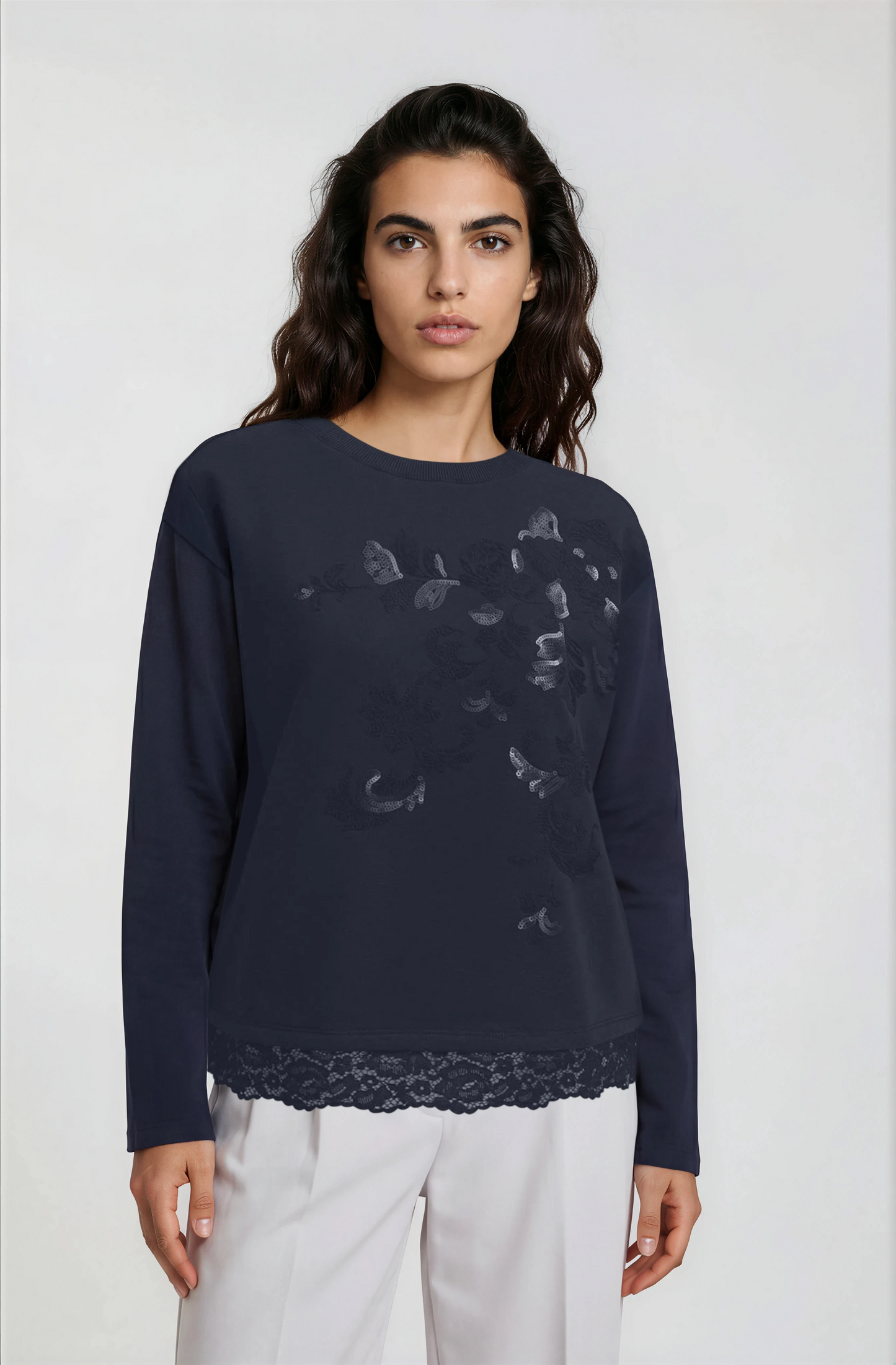 Sweatshirt with Sequins and Lace Trim