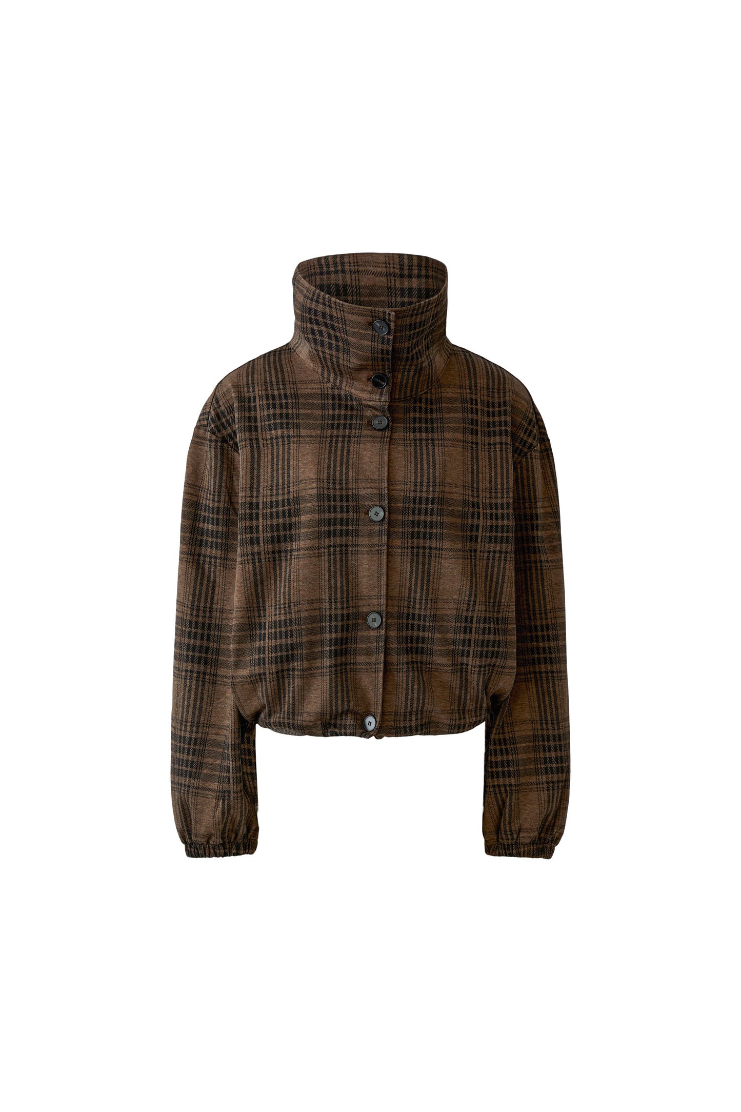 A cropped brown plaid jacket with a high stand-up collar and front button closure, shown on a plain white background.