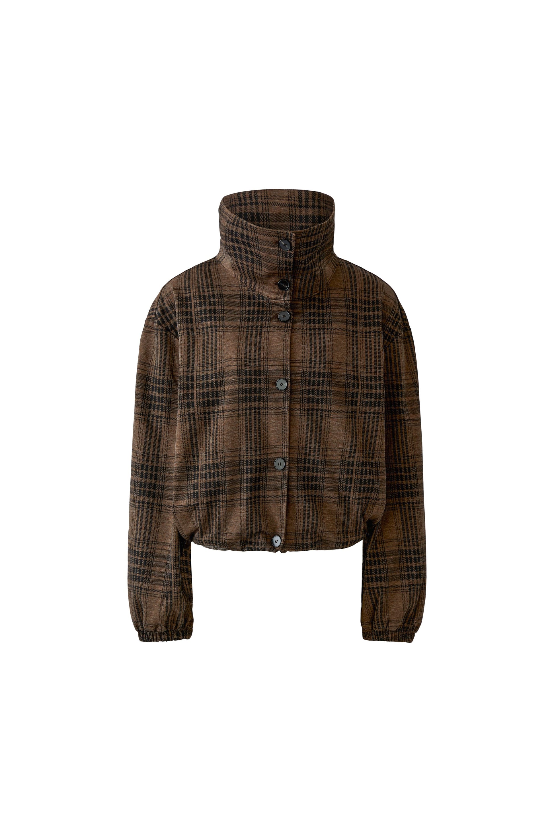 A cropped brown plaid jacket with a high stand-up collar and front button closure, shown on a plain white background.