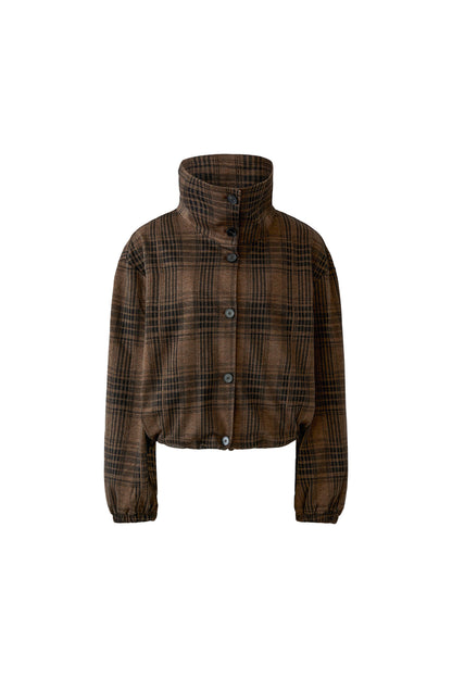 A cropped brown plaid jacket with a high stand-up collar and front button closure, shown on a plain white background.