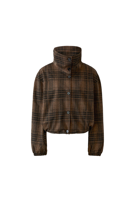 A cropped brown plaid jacket with a high stand-up collar and front button closure, shown on a plain white background.