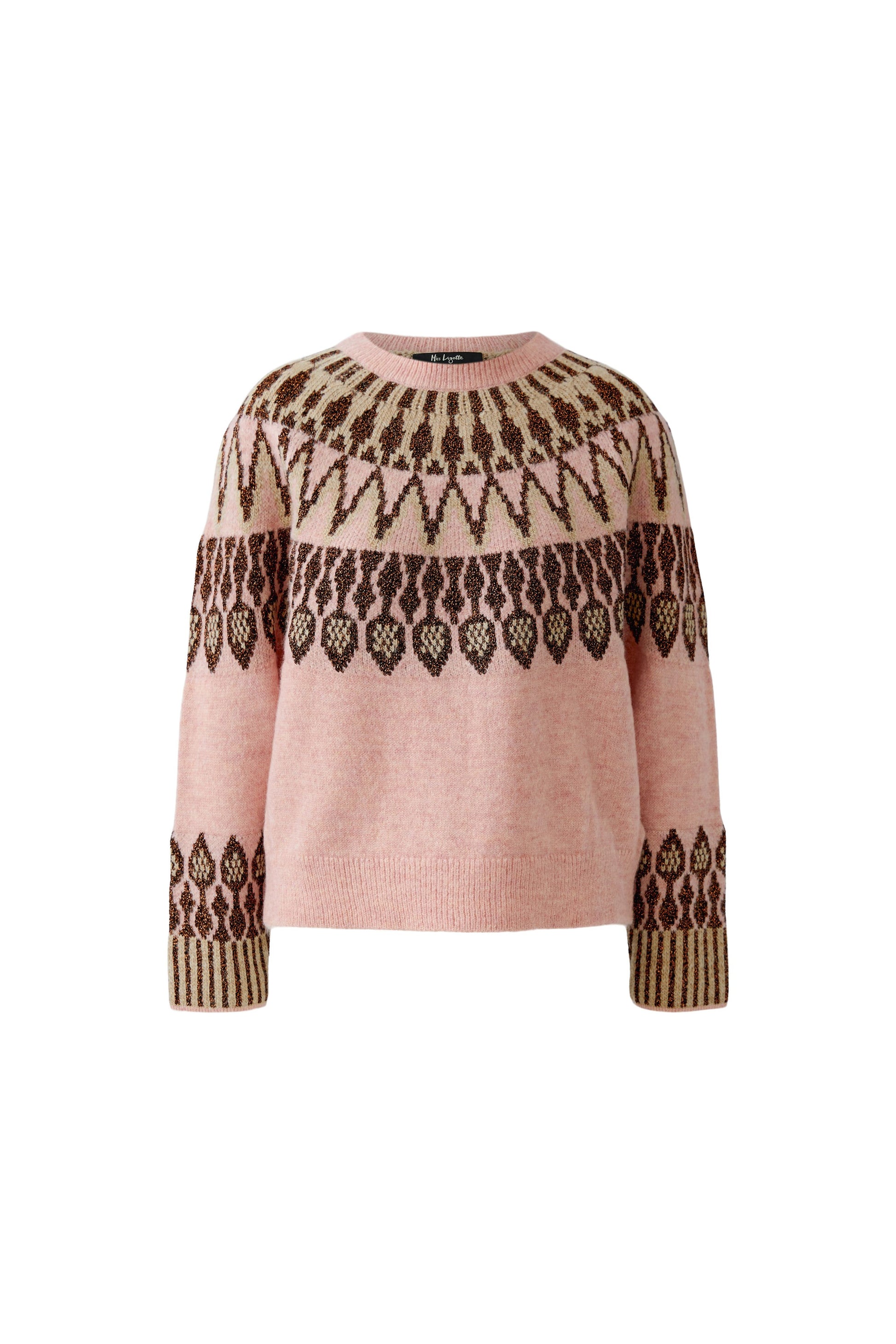 A pink knit sweater with a brown and beige geometric Fair Isle pattern across the yoke and cuffs, shown on a plain white background.