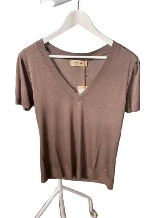 Brown t-shirt on a hanger with a visible brand tag against a white background