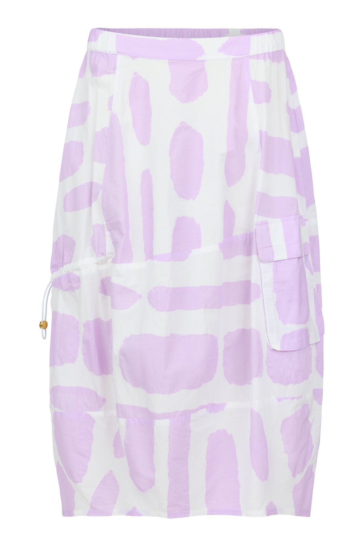 White skirt with lilac abstract print, midi length, 