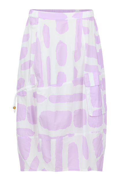 White skirt with lilac abstract print, midi length, 