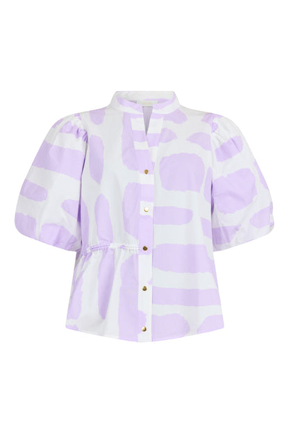 White blouse with lilac abstract print, featuring short puff sleeves, a band collar, gold-tone button front, and an adjustable drawstring at the waist.