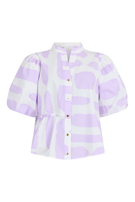 White blouse with lilac abstract print, featuring short puff sleeves, a band collar, gold-tone button front, and an adjustable drawstring at the waist.