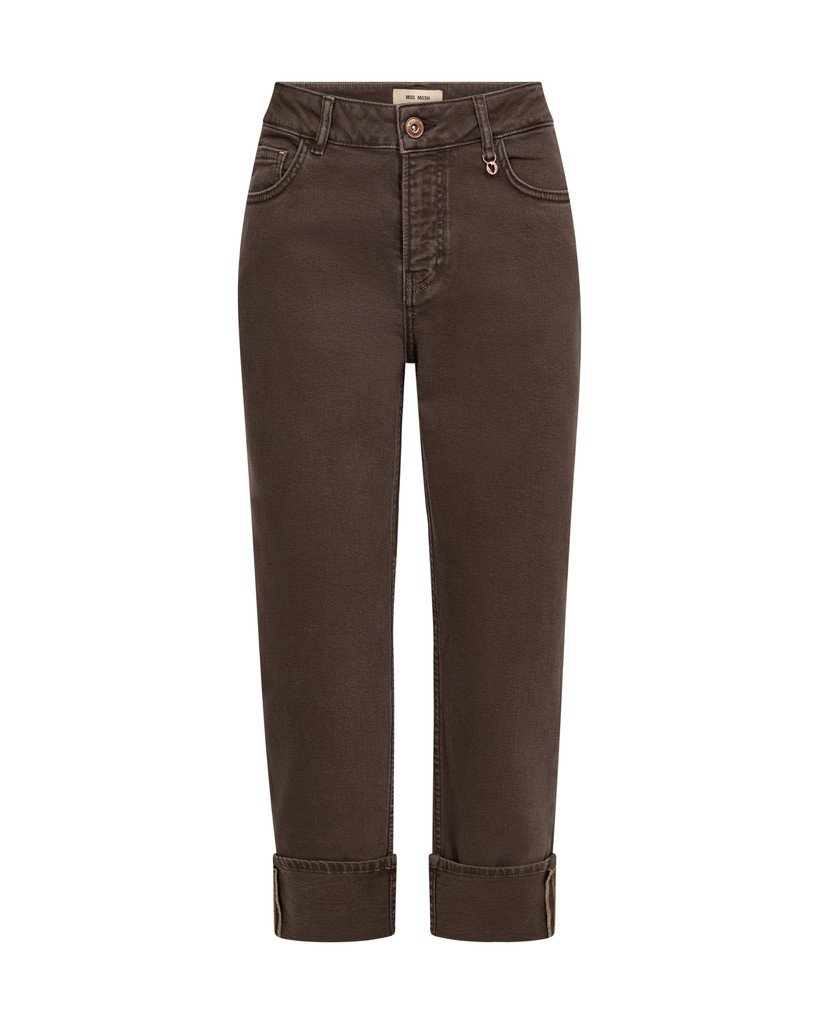 A pair of dark brown Mos Mosh cropped jeans with rolled cuffs, shown flat against a plain white background.