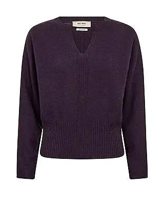 A dark purple ribbed knit sweater with a V-neck and long sleeves, shown against a plain white background.
