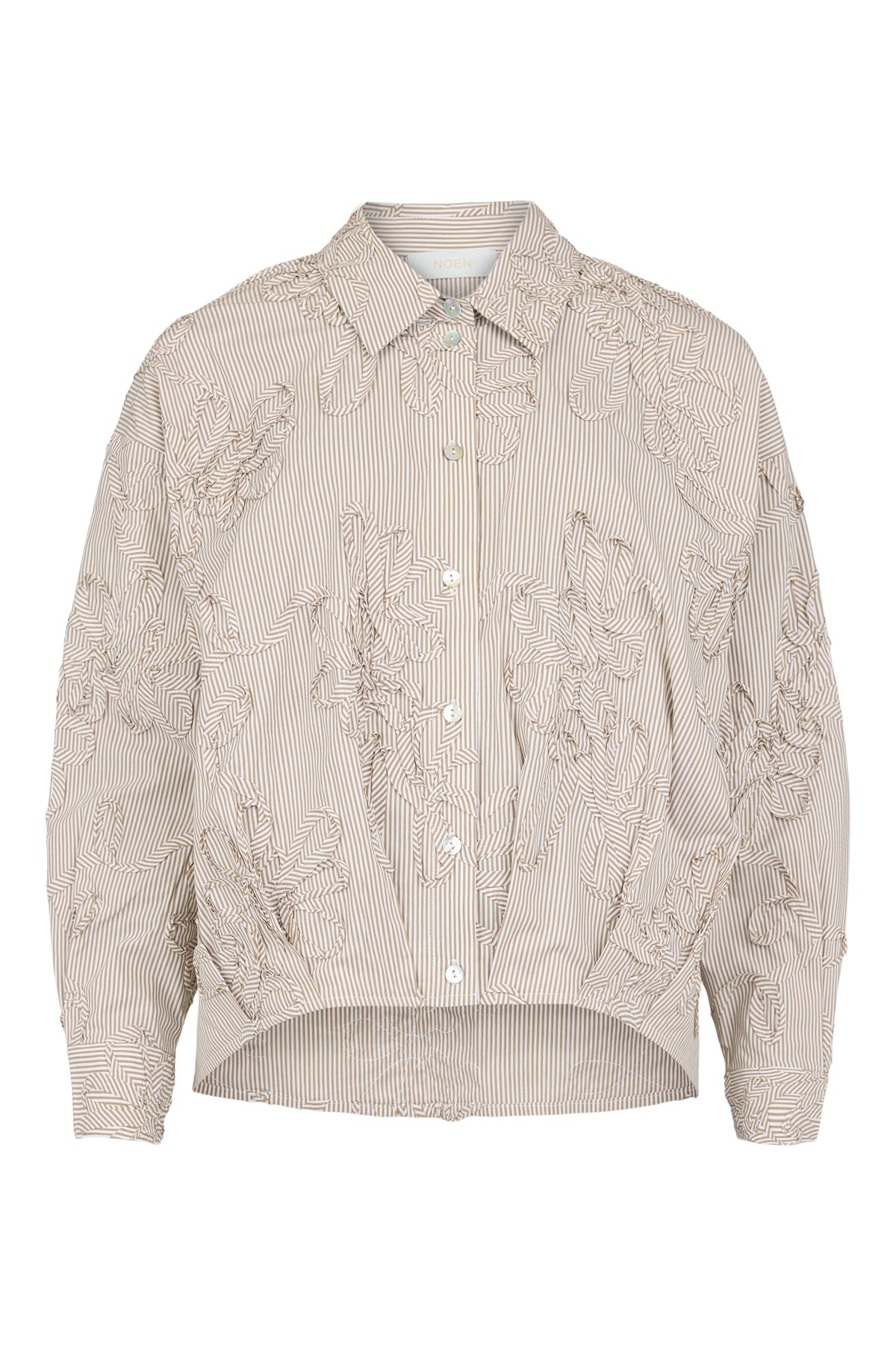 A beige and white vertically striped button-up shirt jacket featuring prominent 3D floral embroidery on the front and sleeves, displayed on a clean white background.