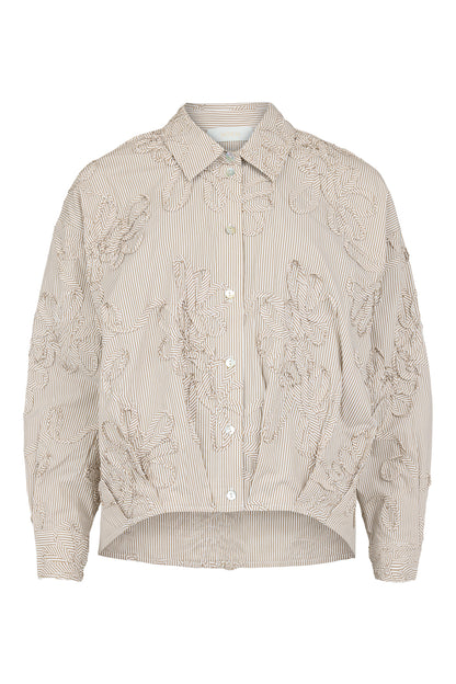 A beige and white vertically striped button-up shirt jacket featuring prominent 3D floral embroidery on the front and sleeves, displayed on a clean white background.