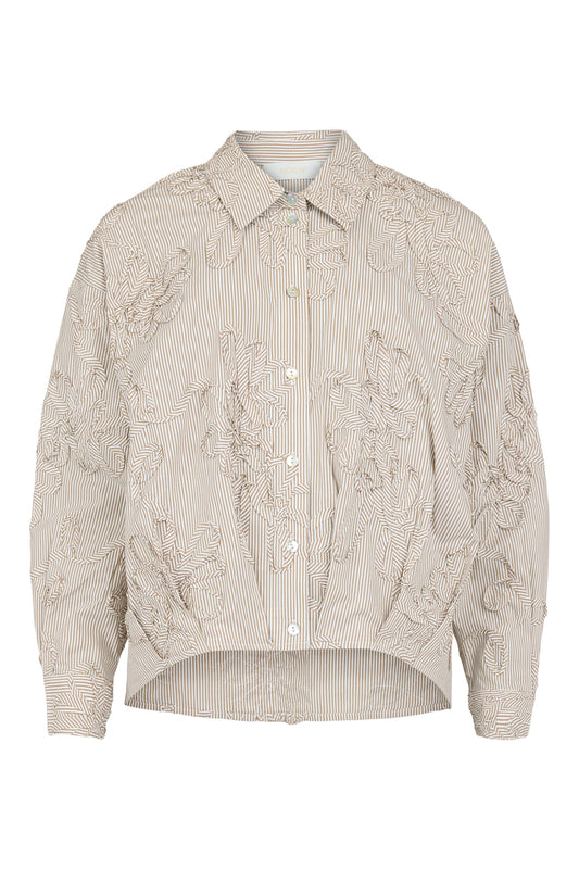 A beige and white vertically striped button-up shirt jacket featuring prominent 3D floral embroidery on the front and sleeves, displayed on a clean white background.