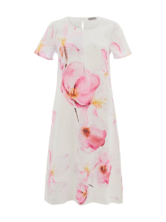 Ivory knee-length dress with painterly pink blossom watercolour print inspired by artist Kraf