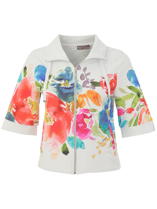 White zip-up short sleeve jacket featuring a colorful watercolor floral print with a collar and front zipper.