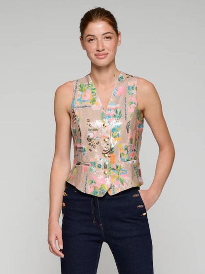 Woman wearing a sleeveless floral gilet from vilagallo