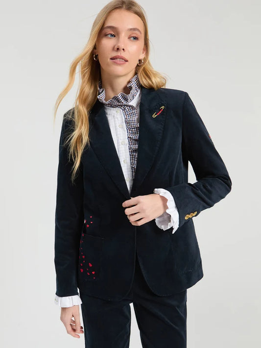 Vilagallo Hillary Velvet Navy Blazer with Embroidery Detail