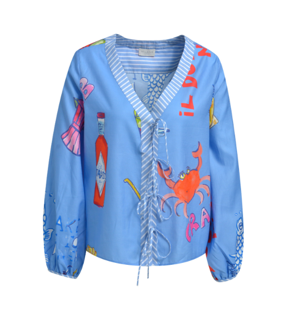 Blue 100% cotton printed blouse with V-neck stripe trim, front tie detail and long sleeves.