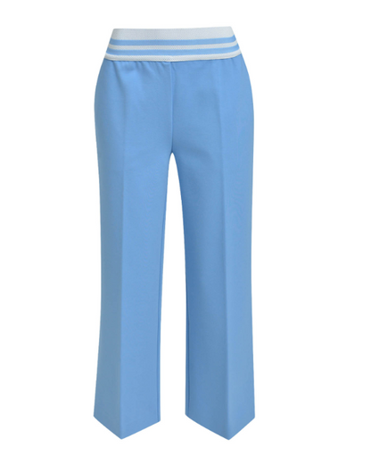 Sky-blue cropped wide-leg trousers with elasticated striped waistband.
