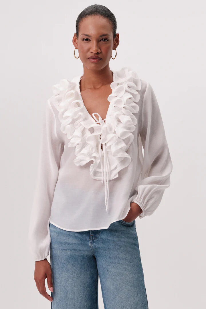 Woman wearing a white ruffled blouse 