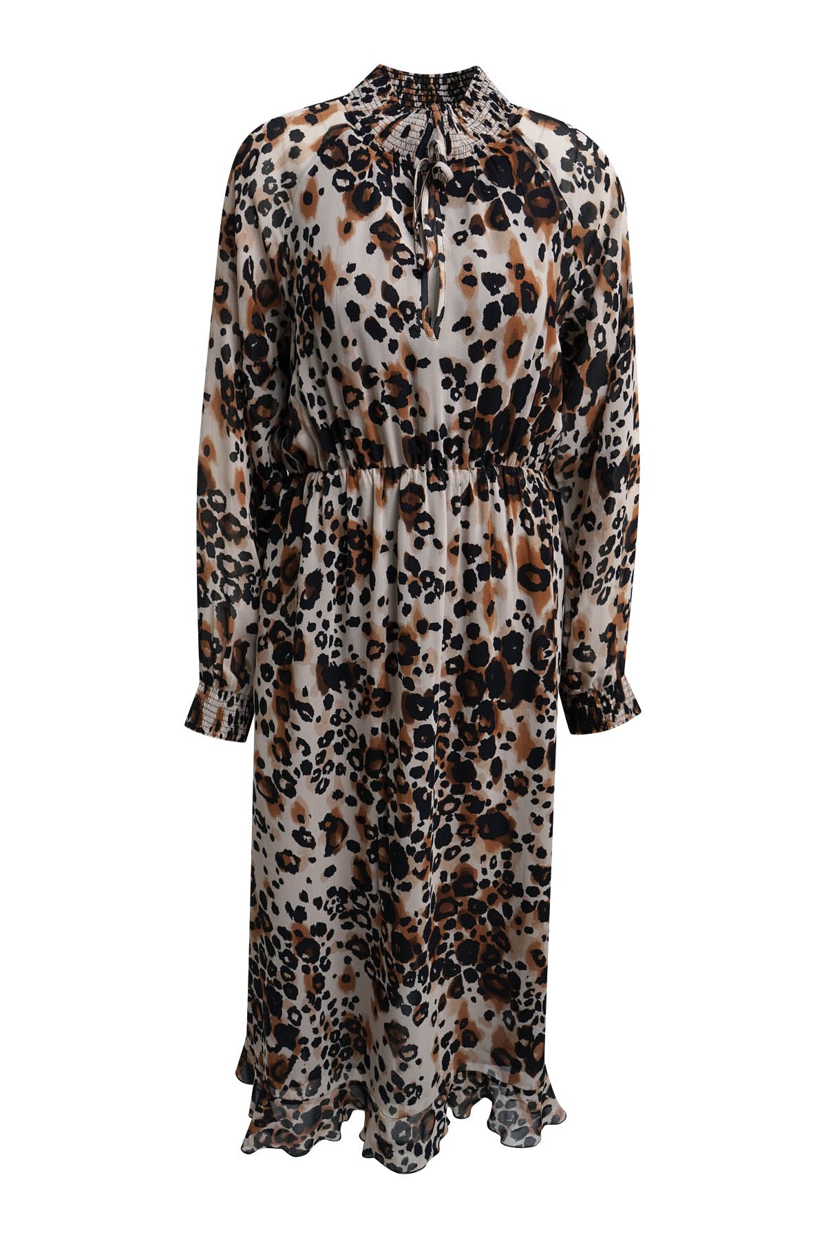 A long-sleeve MIlano Italy midi dress with a high neck and tie detail, featuring an all-over leopard print pattern in black, brown, and beige on a white background.