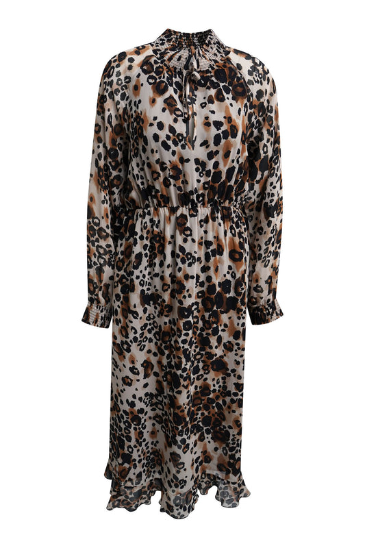 A long-sleeve MIlano Italy midi dress with a high neck and tie detail, featuring an all-over leopard print pattern in black, brown, and beige on a white background.