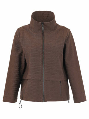 A brown textured zip-up jacket with a stand-up collar, shown against a plain white background.