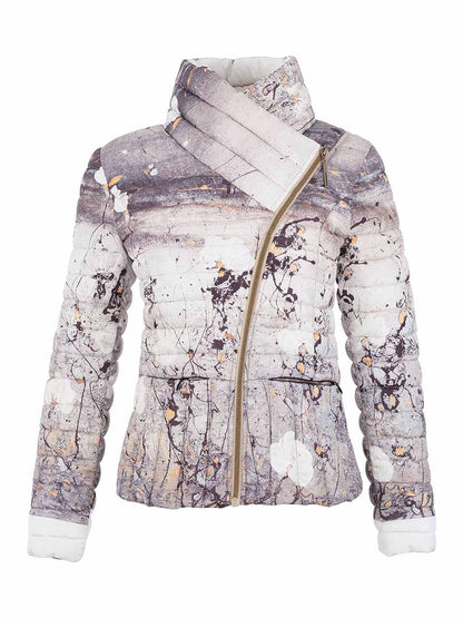 A women's puffer jacket with an abstract, painterly print in shades of gray, beige, and white, featuring a gold-toned asymmetrical zipper and ribbed cuffs.