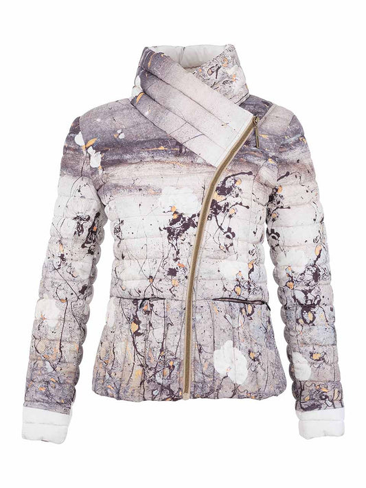 A women's puffer jacket with an abstract, painterly print in shades of gray, beige, and white, featuring a gold-toned asymmetrical zipper and ribbed cuffs.