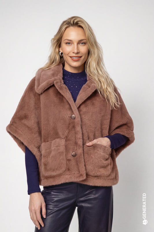 A woman modeling a brown faux fur poncho jacket with a large collar and front buttons, worn over a navy blue top and black pants, against a light gray studio background.