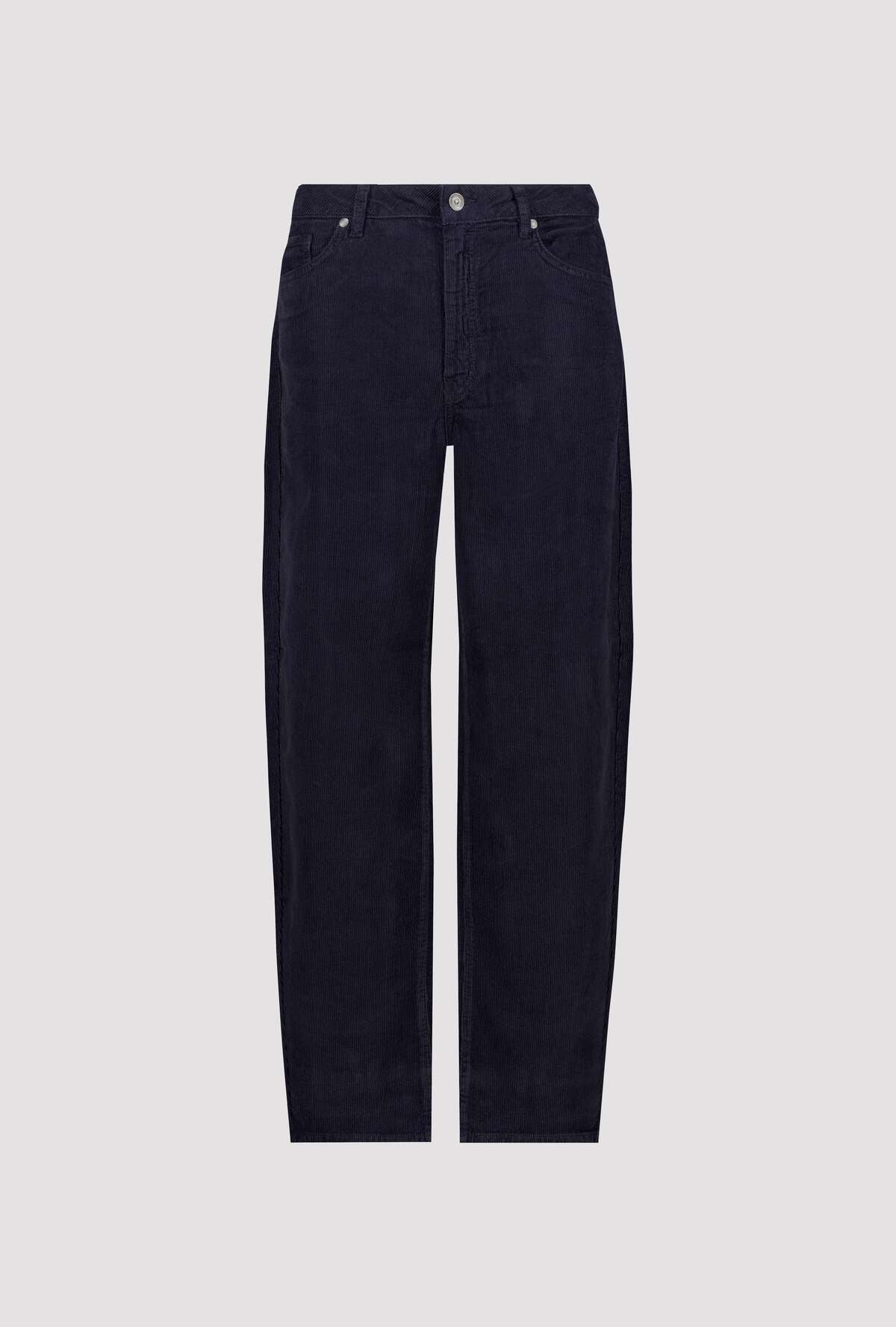 Dark navy blue barrel cord jeans shown flat against a light gray background.
