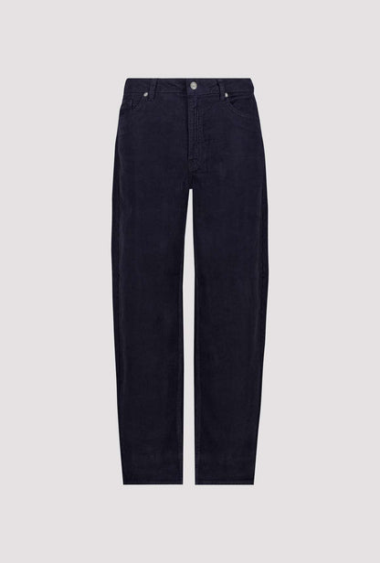 Dark navy blue barrel cord jeans shown flat against a light gray background.