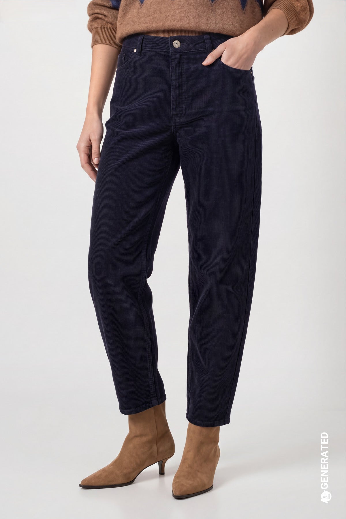 A model wearing dark navy blue barel corduroy trousers