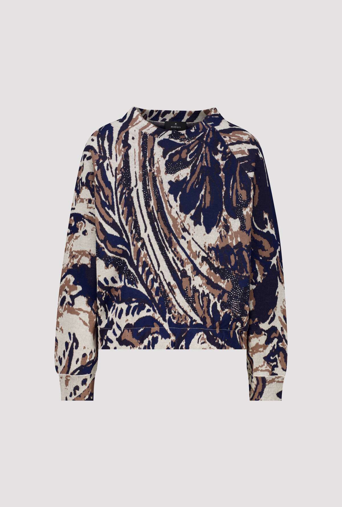 A cropped long-sleeve sweatshirt with an abstract marbled swirl pattern in navy blue, beige, and brown, displayed on a neutral light gray background.