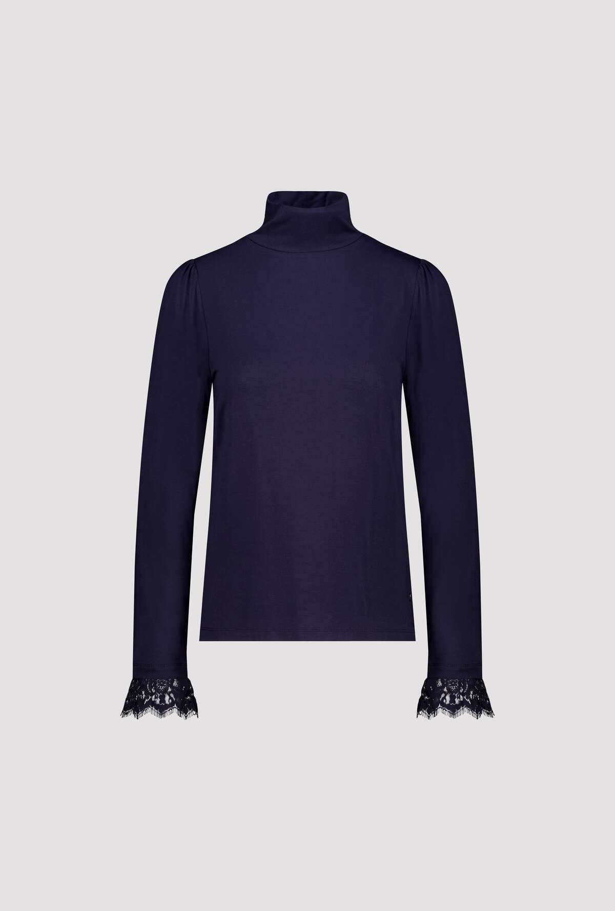 A dark navy blue long-sleeve turtleneck top with delicate lace trim at the cuffs, displayed against a light gray background.