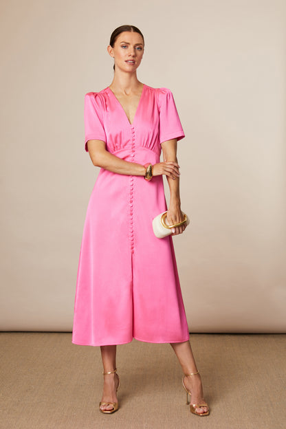 Pink dress with button closure, perfect for communion, weddings and confirmation wear