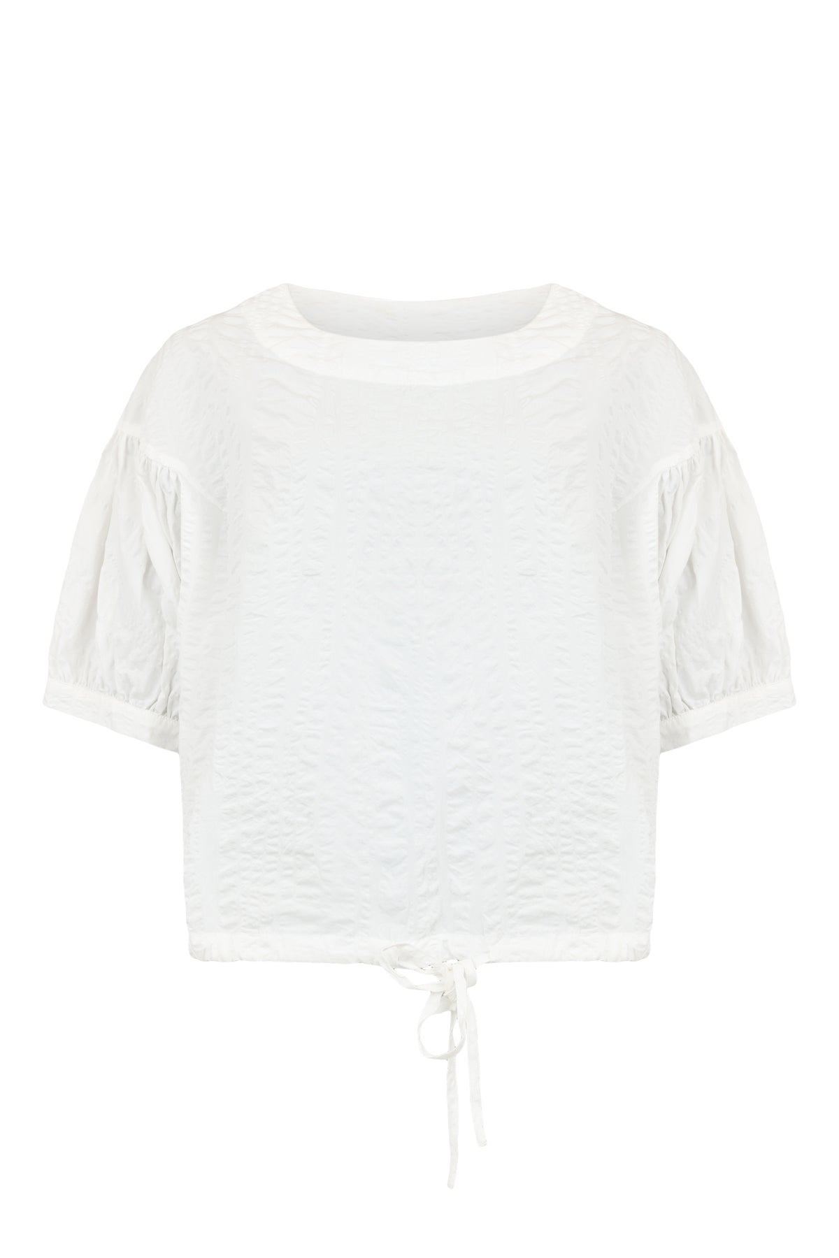 Women’s white textured short sleeve blouse with round neckline and adjustable tie-front hem detail.
