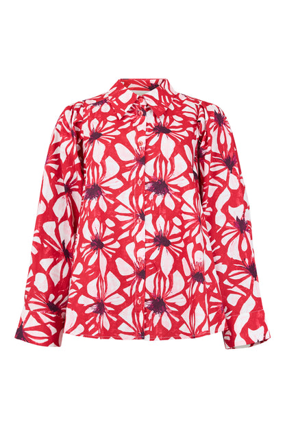 Red floral button-up blouse with long sleeves and classic collar, featuring an abstract white and dark red print on a lightweight fabric.