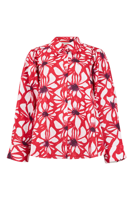 Red floral button-up blouse with long sleeves and classic collar, featuring an abstract white and dark red print on a lightweight fabric.