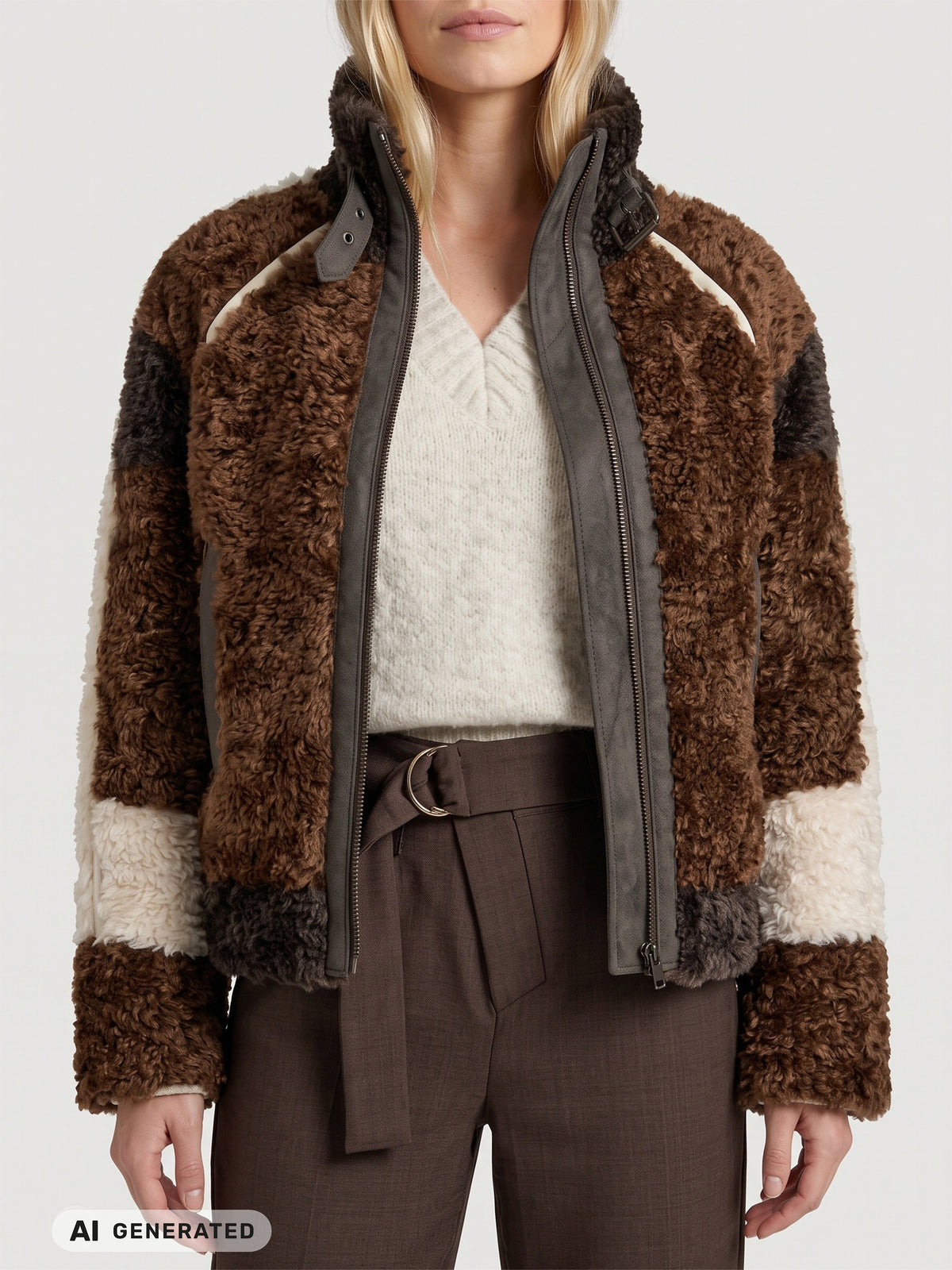 A model wearing a brown and cream patchwork sherpa zip-up jacket over a cream knit sweater and brown trousers, shown from the neck down on a light gray background. An 'AI GENERATED' label is visible in the bottom-left corner.