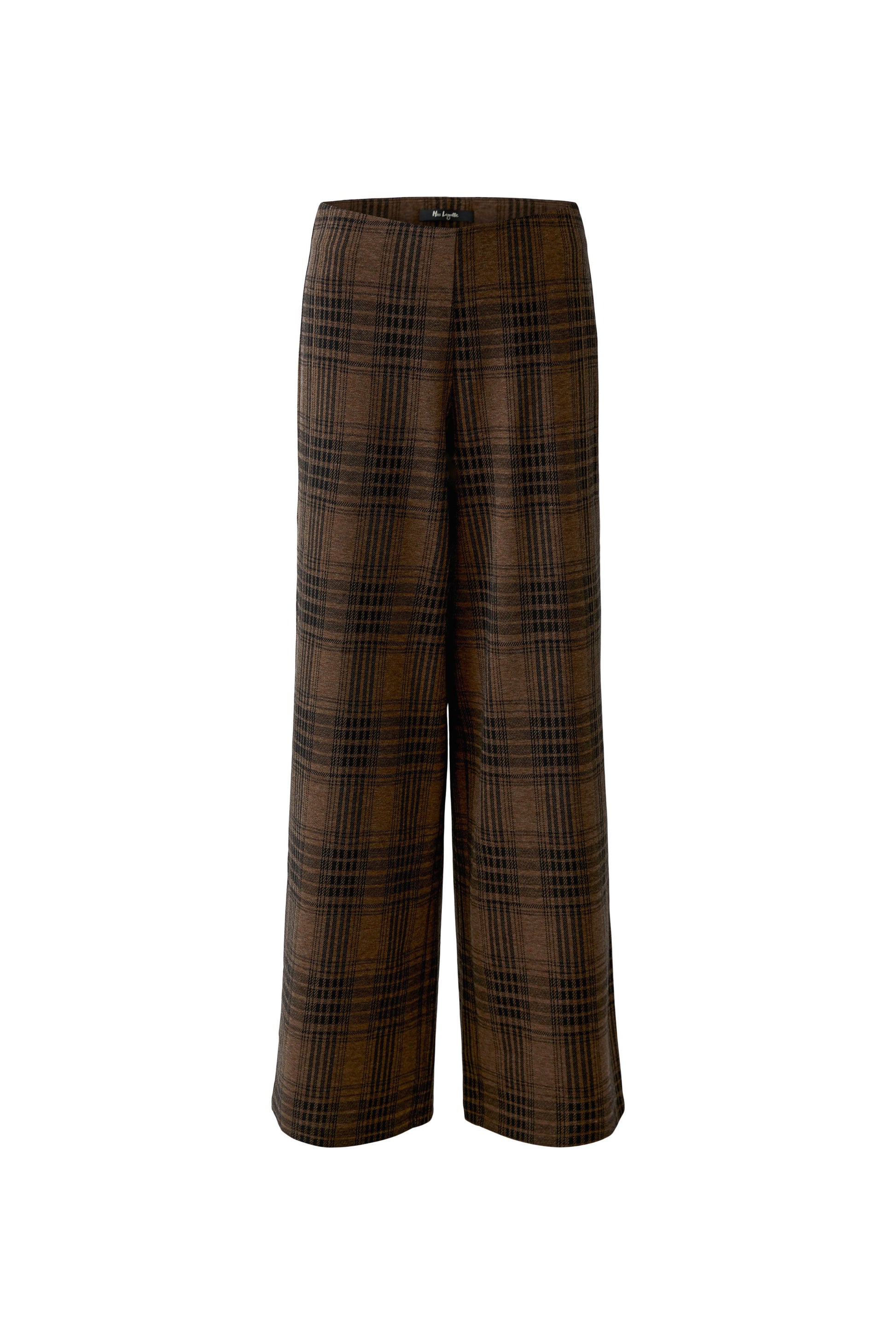 A pair of wide-leg trousers in a brown and black plaid pattern, shown flat against a solid white background.