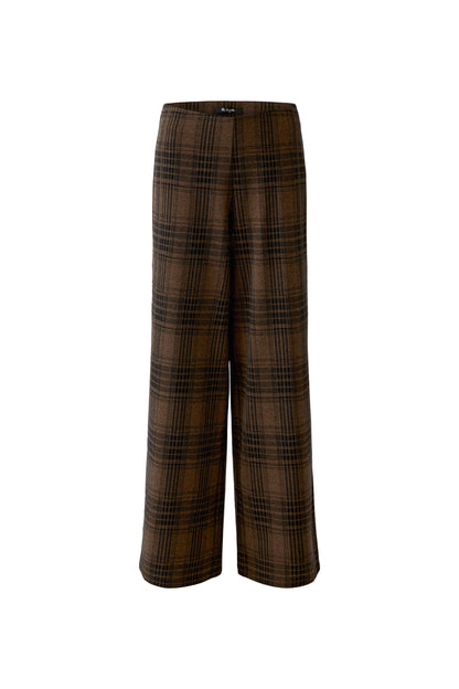 A pair of wide-leg trousers in a brown and black plaid pattern, shown flat against a solid white background.