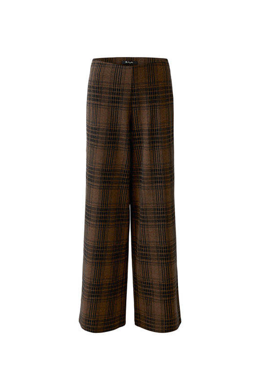 A pair of wide-leg trousers in a brown and black plaid pattern, shown flat against a solid white background.