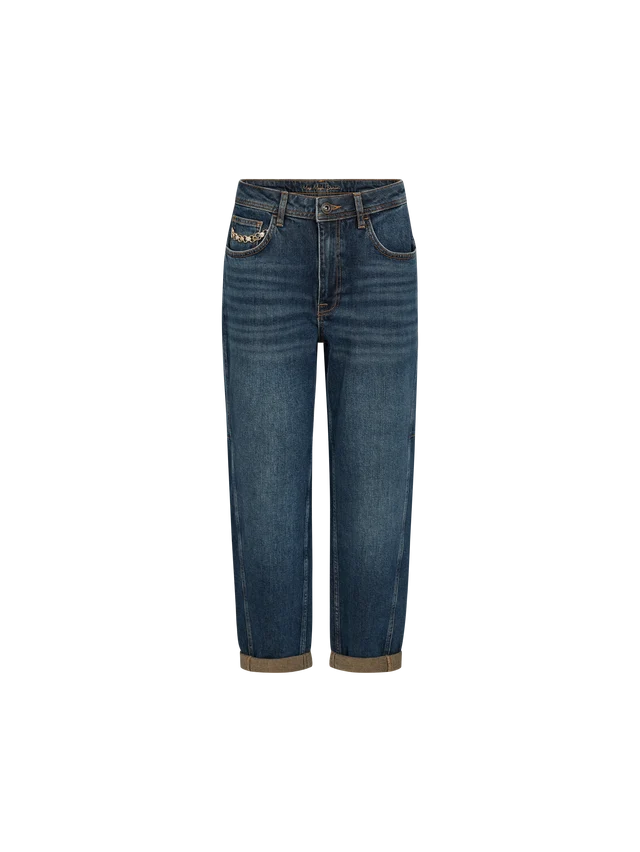 A pair of dark blue denim boyfriend jeans with rolled cuffs, shown flat against a solid white background.
