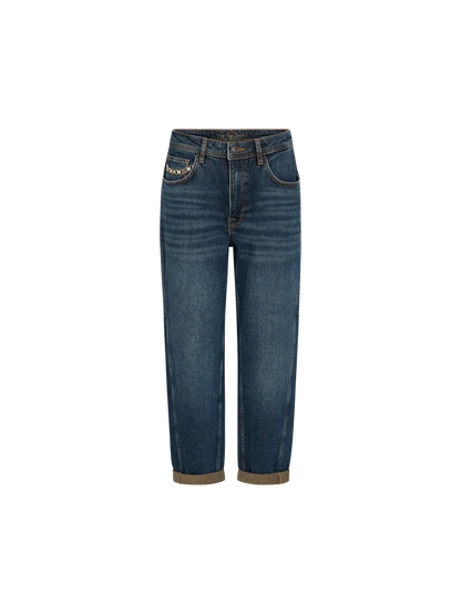A pair of dark blue denim boyfriend jeans with rolled cuffs, shown flat against a solid white background.