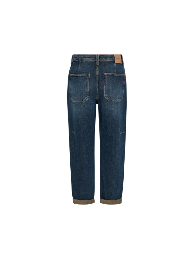 Back view of dark blue denim jeans with a straight-leg fit, showing the back pockets and cuffed hems on a white background.