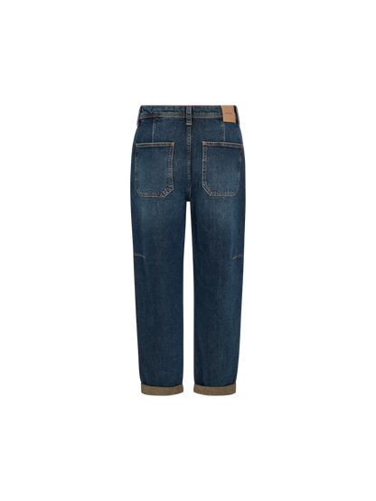 Back view of dark blue denim jeans with a straight-leg fit, showing the back pockets and cuffed hems on a white background.