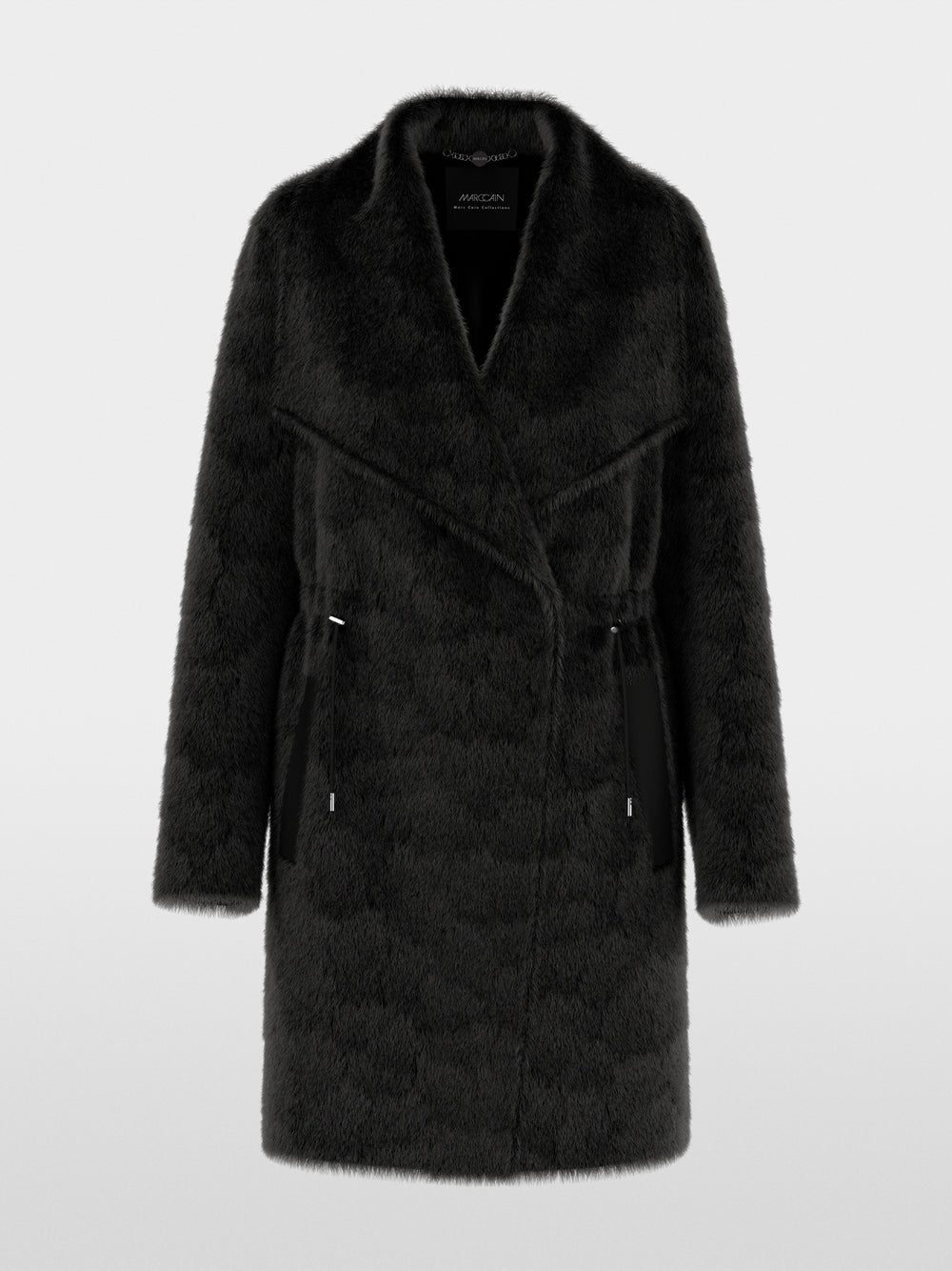 A black faux fur wrap coat with a wide collar and front tie detail, shown against a light gray background.